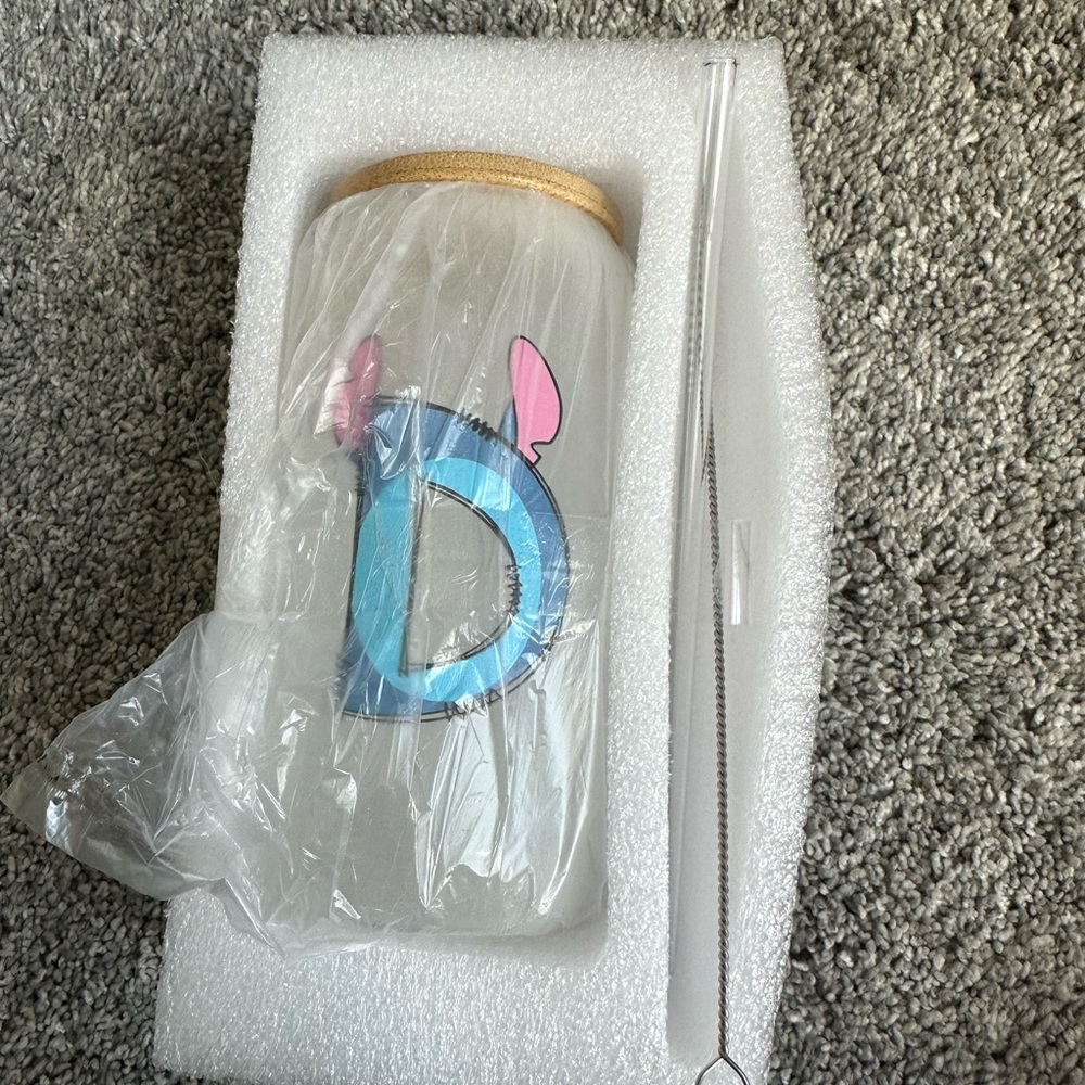 Stitch Clear Glass Tumbler with Blue Letter D and Pink Accents